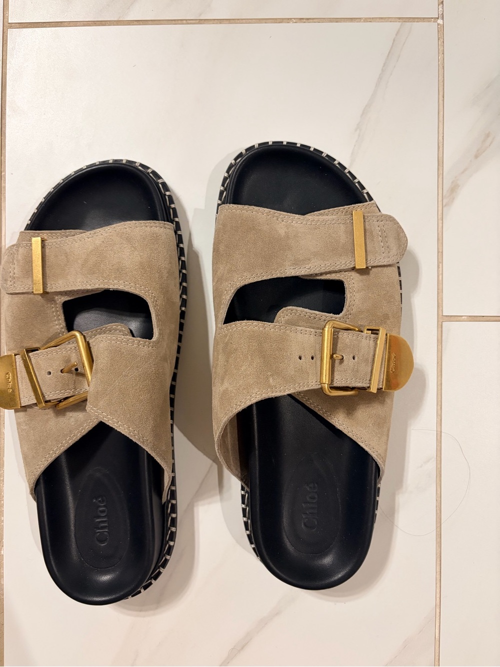 Chloé Suede Buckle Sandals in Taupe with Gold Hardware